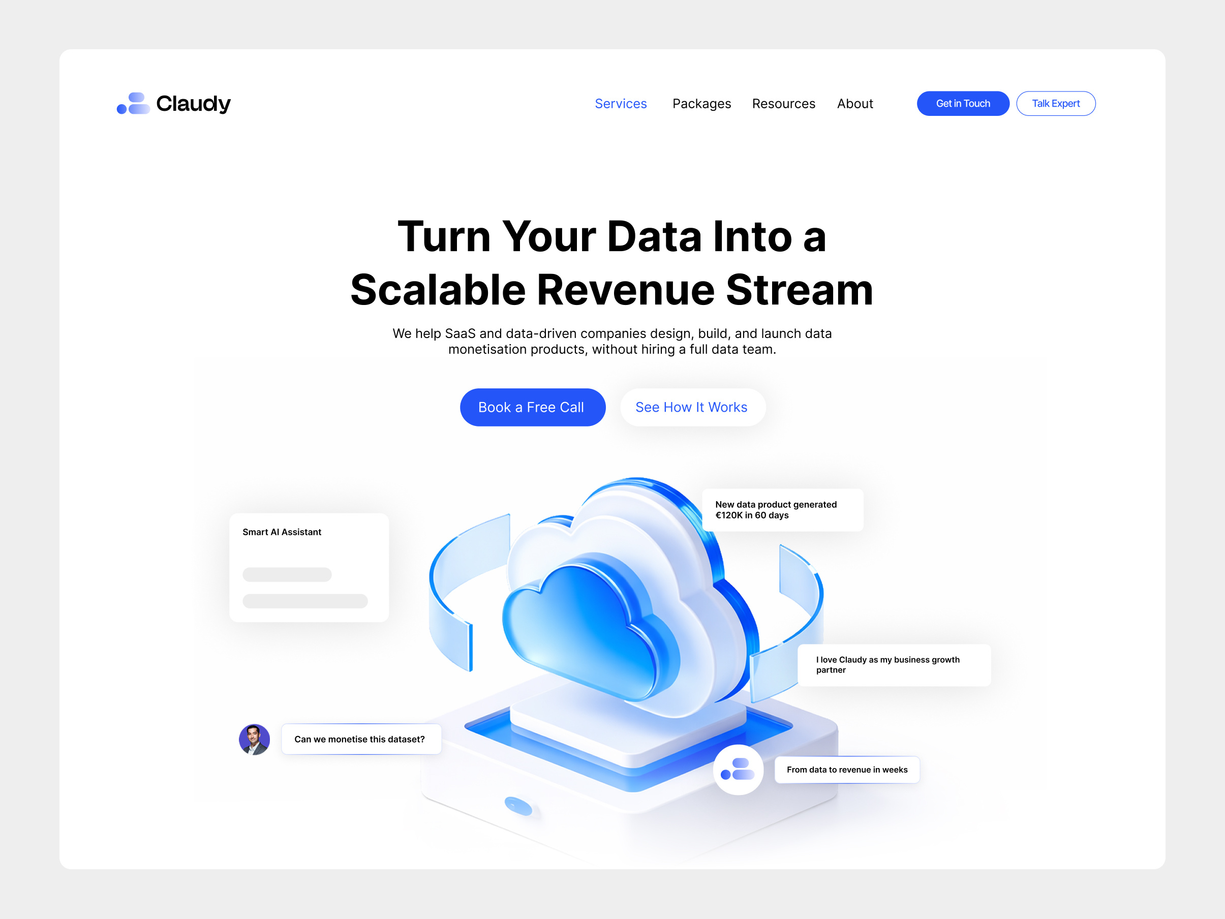 Claudy - AI Data Monetisation Landing Page Redesign agency ai claudy data home page design landing page saas saas website software landing page startup ui ux web web design webdesign website
