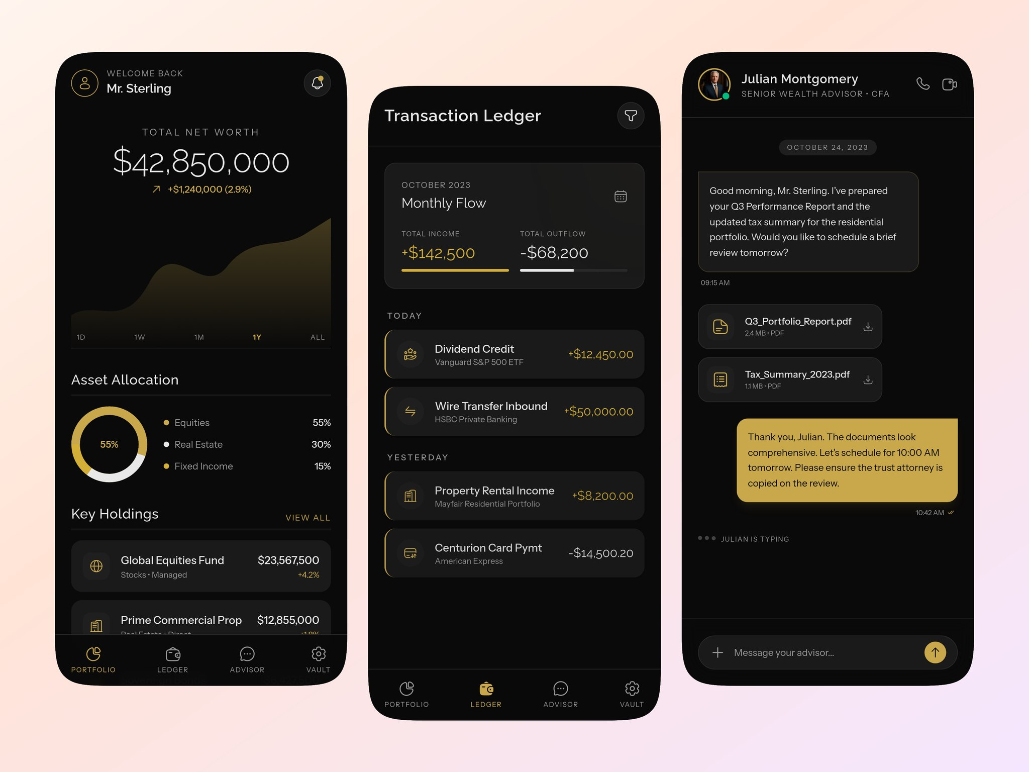 Finance Mobile App UI | Luxury Private Wealth Dashboard