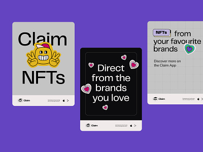 Illustrated UI cards for NFT app 90s app branding button character emoji flat design hat heart icon illustration logo peace sign purple retro stickers ui vector