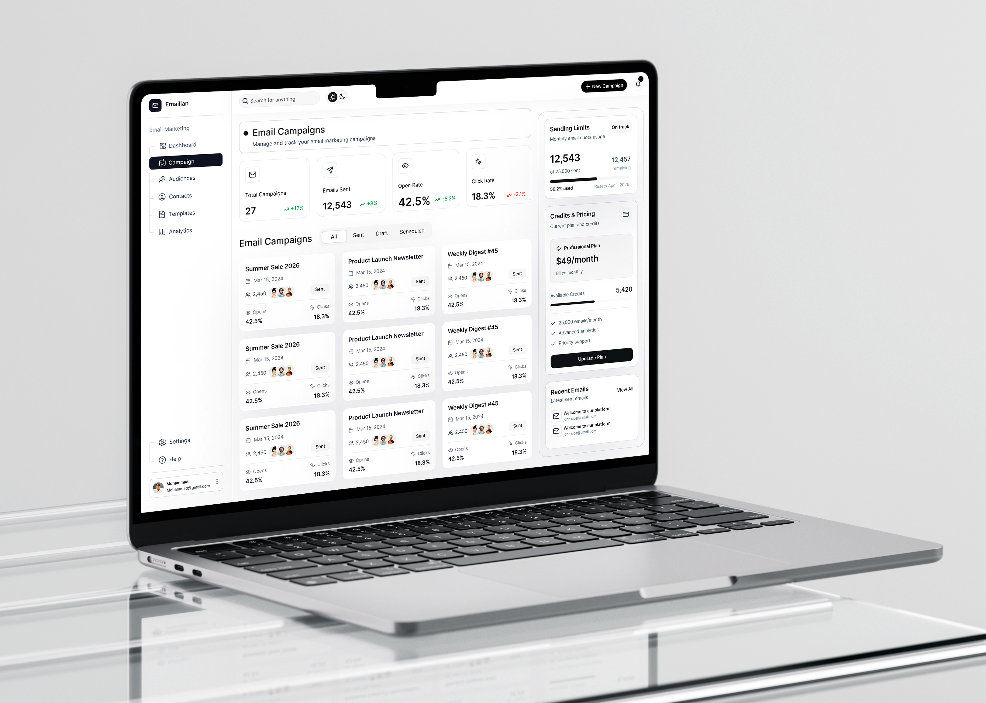 Emailian — AI-Powered Email Marketing SaaS Dashboard admin panel analytics creative ui design crm dashboard dashboard ui email marketing figma ui design new dashboard ui new saas dashboard new saas design product design saas saas design startup ui uiux web app