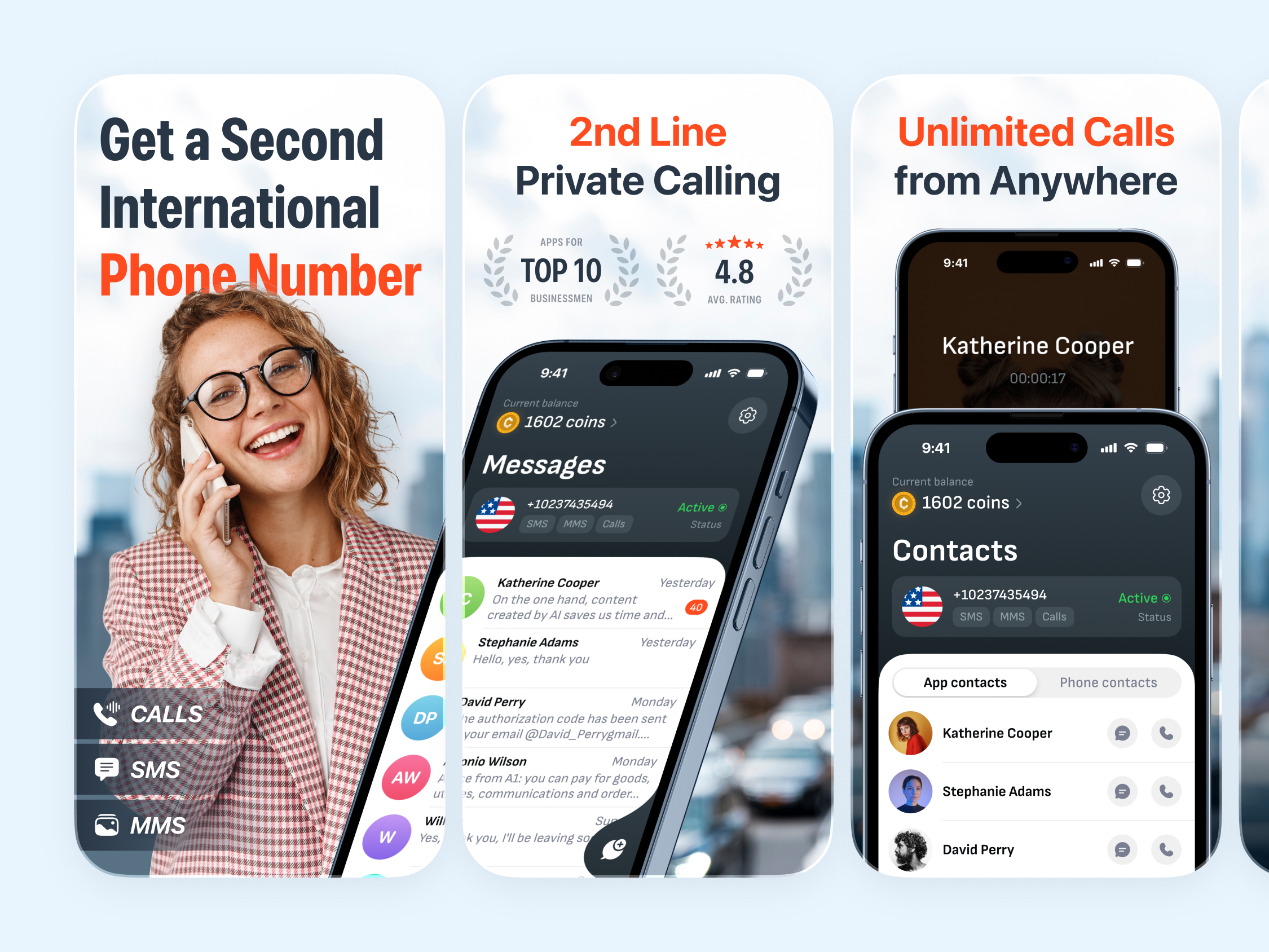 App Store Screenshots · Virtual · Second Phone Number android app aso calls contacts google play ios number onboarding page phone preview private screens screenshots second sms store ui virtual