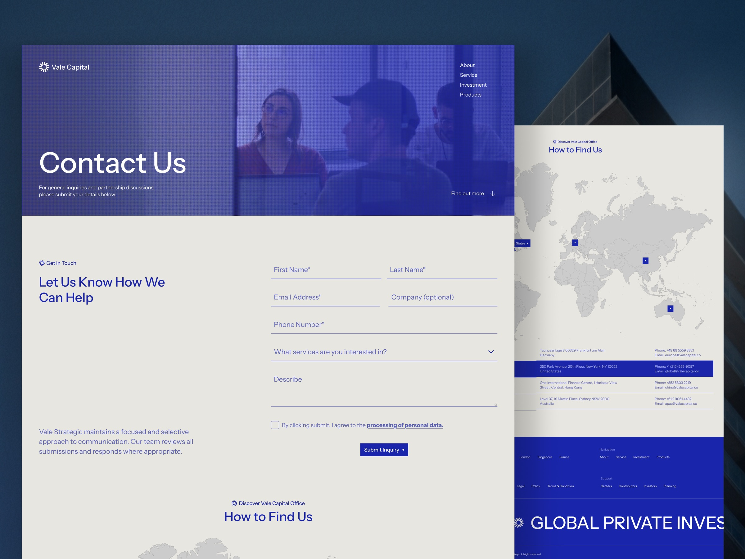 Vale — Investment Firm Contact Page Corporate Website UI Design business website company profile company website contact form contact page corporate website editorial website finance website form design investment firm landing page luxury minimal design modern design private equity professional design ui design web design website website design