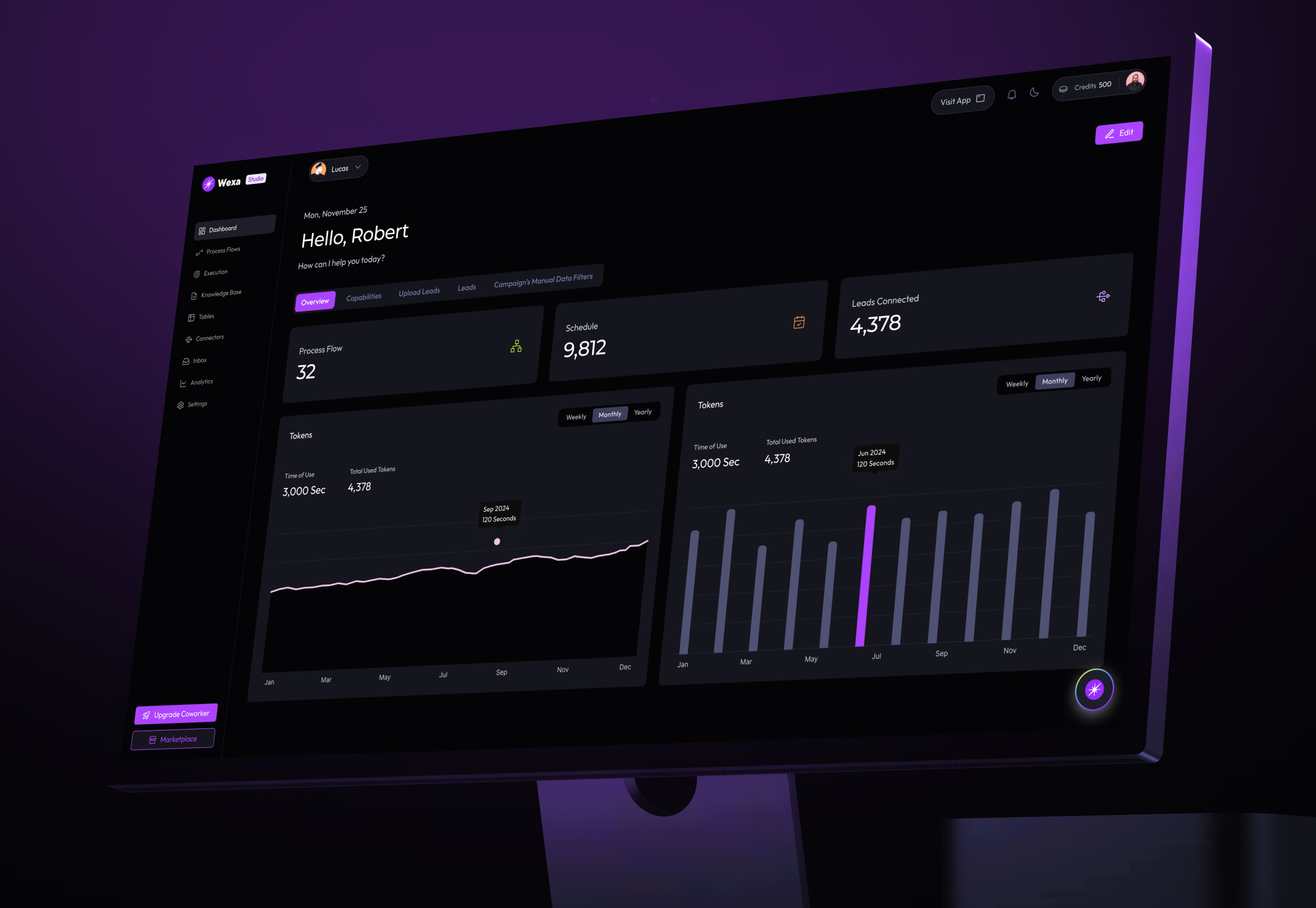 Wexa Studio | AI Agent Process & Resource Analytics ⚡ aiagent aisaas analytics darkmode dashboarddesign dataviz productdesign saasdesign wexastudio