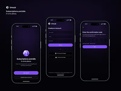 Unsub – Onboarding, Sign Up & OTP Flow app app design appdesign billmanager clean ui design dribbble fintechapp mobile app design mobileappdesign onboardingui otpverification productdesign signupflow subscriptionapp uidesign uiux uxdesign
