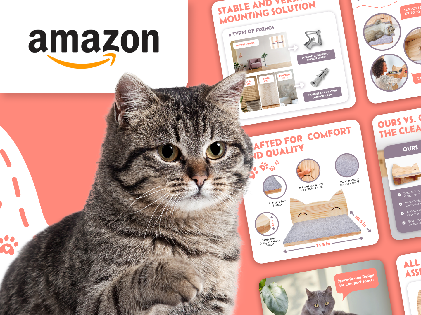 Amazon Design for Sustainable Cat Furniture amazon fba amazon listing brand identity cat furniture e commerce eco friendly ecommerce design graphic design infographic design listing optimization minimalist aesthetic pet accessories pet brand photo manipulation photo retouching photoshop product design product presentation sustainable design visual strategy