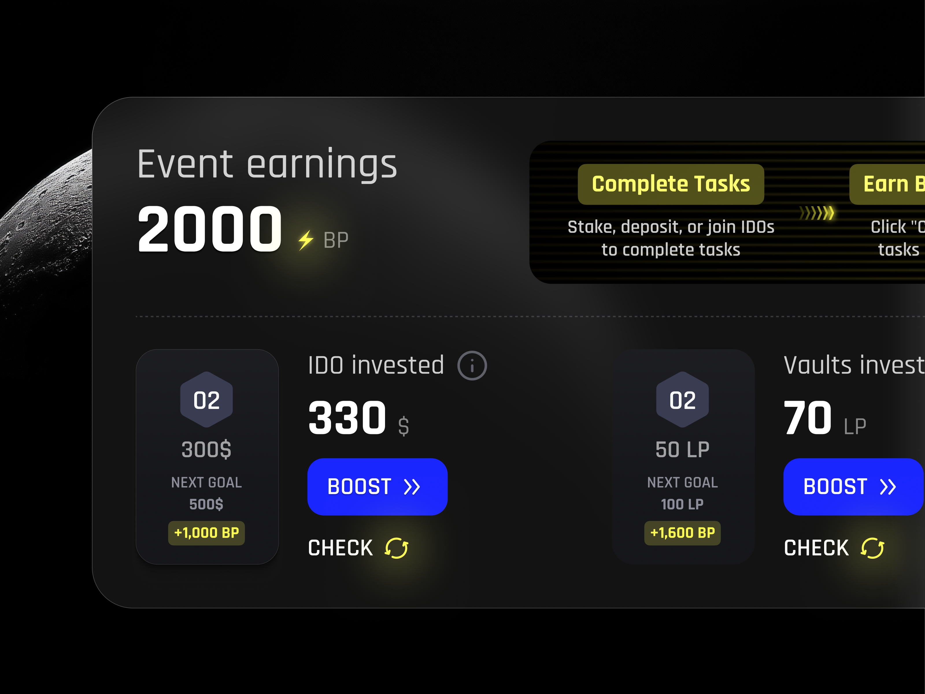 IDO Staking Flow Web3 UX Airdrop Dashboard blockchain conversion optimization crypto dark ui dashboard defi fintech ido onboarding product design staking ui ux user flow ux design web3 design