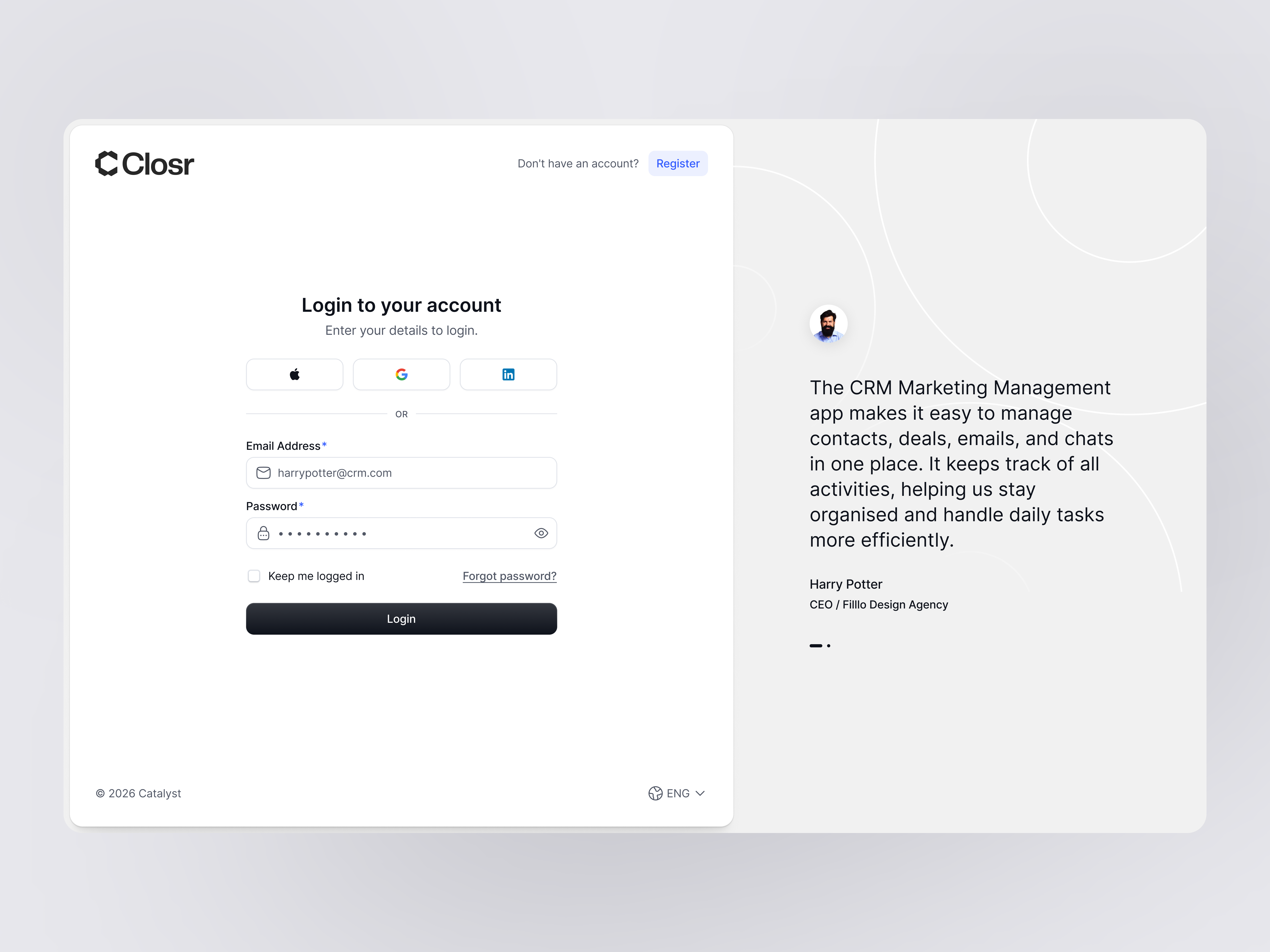 Sign In UI for a B2B Sales CRM | Closr b2b saas design closr contact management crm dashboard crm design crm ux deal pipeline login screen design product design saas design agency saas product design saas startup saas ui design sales crm sales dashboard sales tool design sign in ui startup product design ui ux design