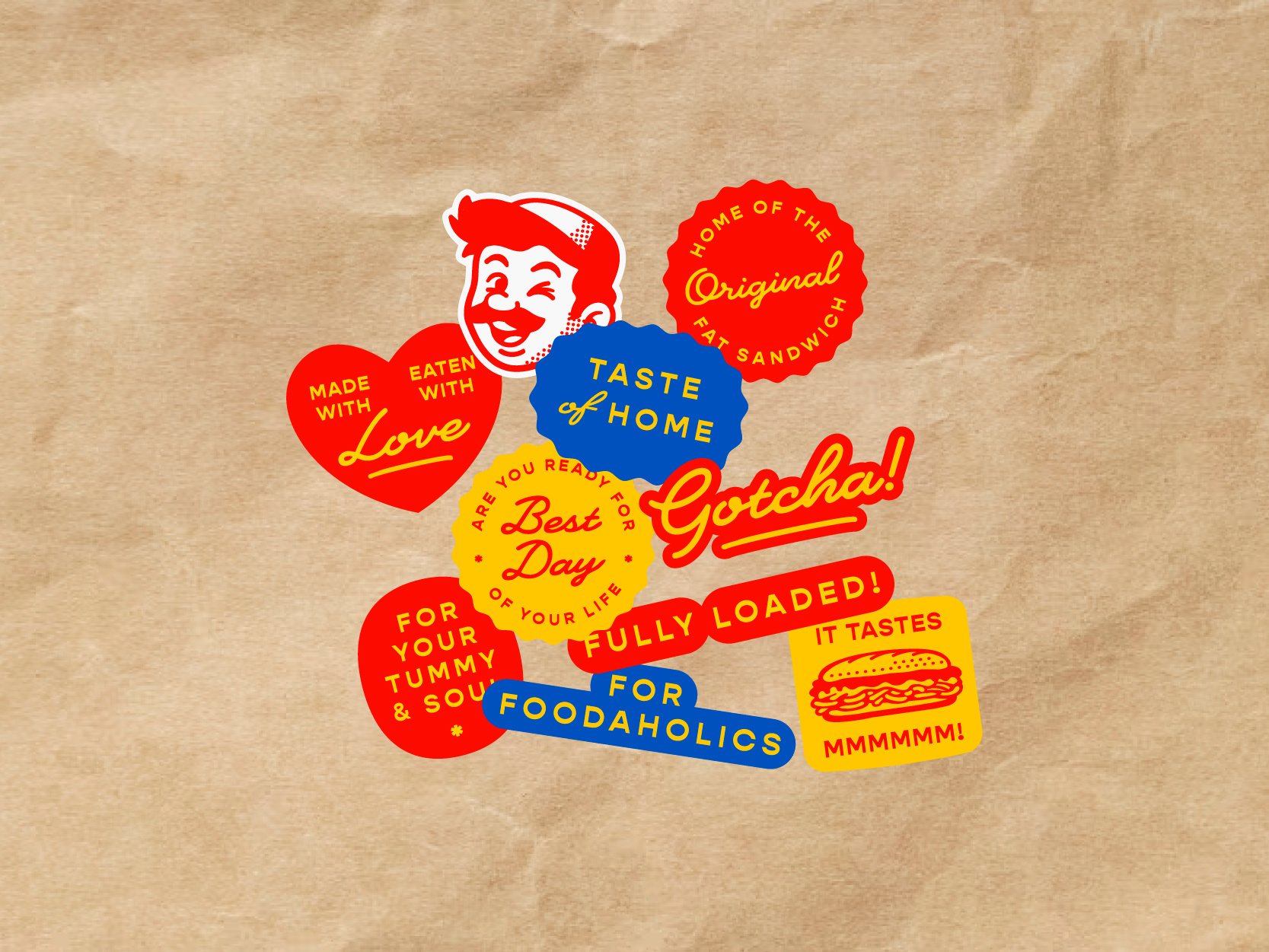 Playful Sticker Set for a Food Brand burger design food icon illustration logo mark mascot sandwich simple sticker symbol