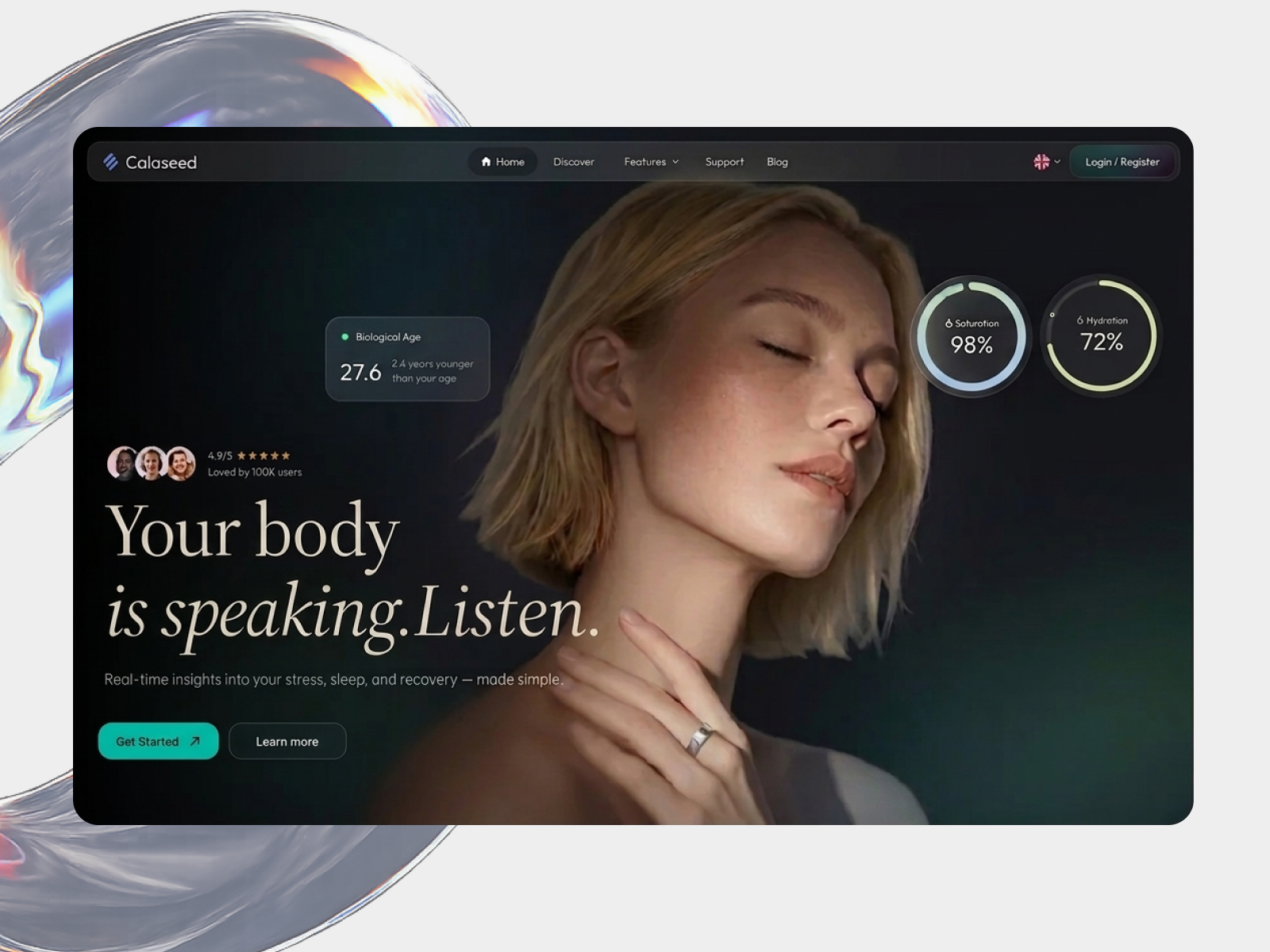 Smart Health Dashboard Landing Page | Wearable Tech UI ai health biometric data dark ui dashboard ui data visualization digital health fitness tracker futuristic ui glassmorphism health dashboard health monitoring health tracker healthcare saas landing page saas ui smart health smartwatch ui wearable tech web app dashboard wellness tracking