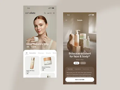 Skincare E-Commerce App - Calm & Minimal Shopping Experience app design app ui design app ux design beauty app beauty products clean design cosmetics ecommerce luxury ecommerce minimal ui mobile app mobile app design shopping app skin care skin care mobile design soft ui wellness