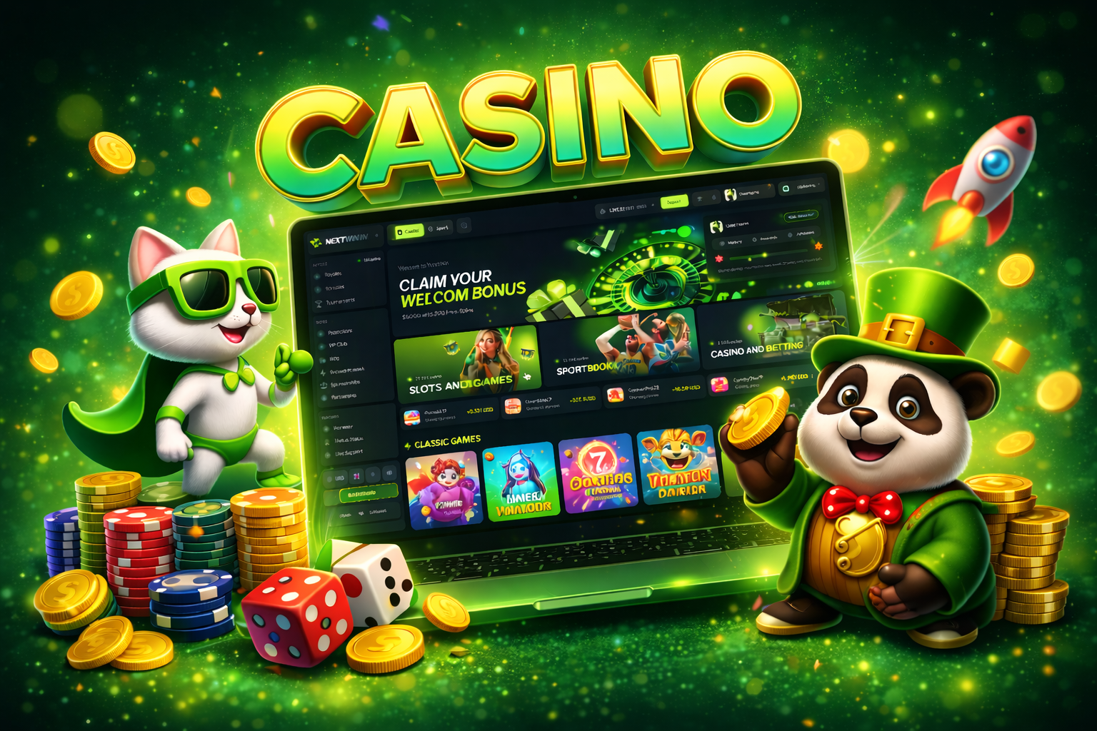 Casino - NextWin 3d betting branding casino crash crypto design gambling game igaming illustration juicyart poker slots uiux win