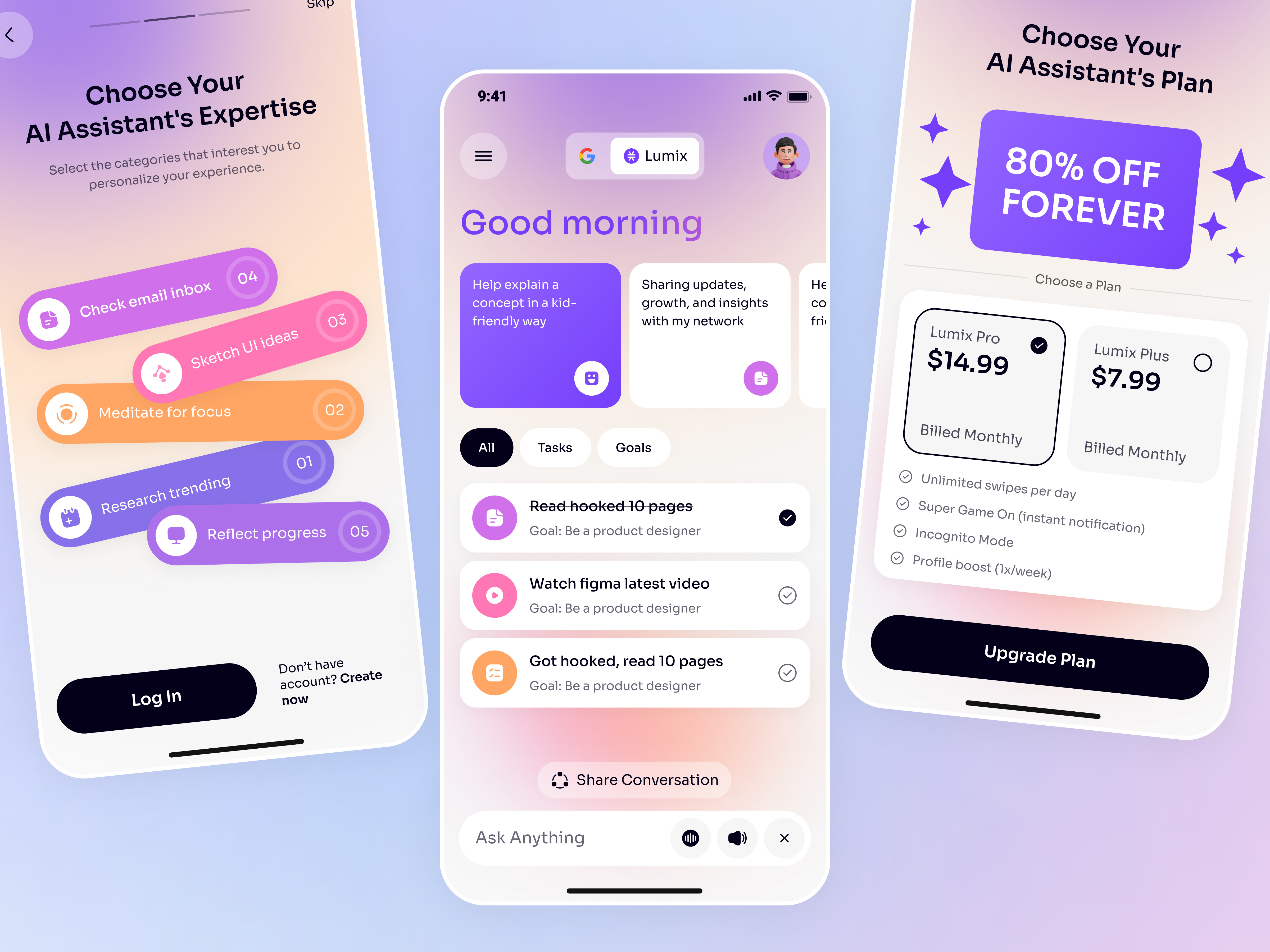 Lumix AI Assistant App — Smart Tasks & Subscription UI ai assistant ai chat bot ai chat bot app ai chat bot design ai finance ai mobile app ai product app ai product ui assistant chat chat app chat bot chatbot finance finance app healthcare healthcare app healthcare design messaging mobile app design
