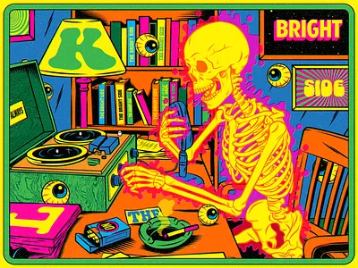 Always Look on the Bright Side color design illustration positive thinking psychedelic retro scene skeleton skull surrealism trippy typography vector vintage weird