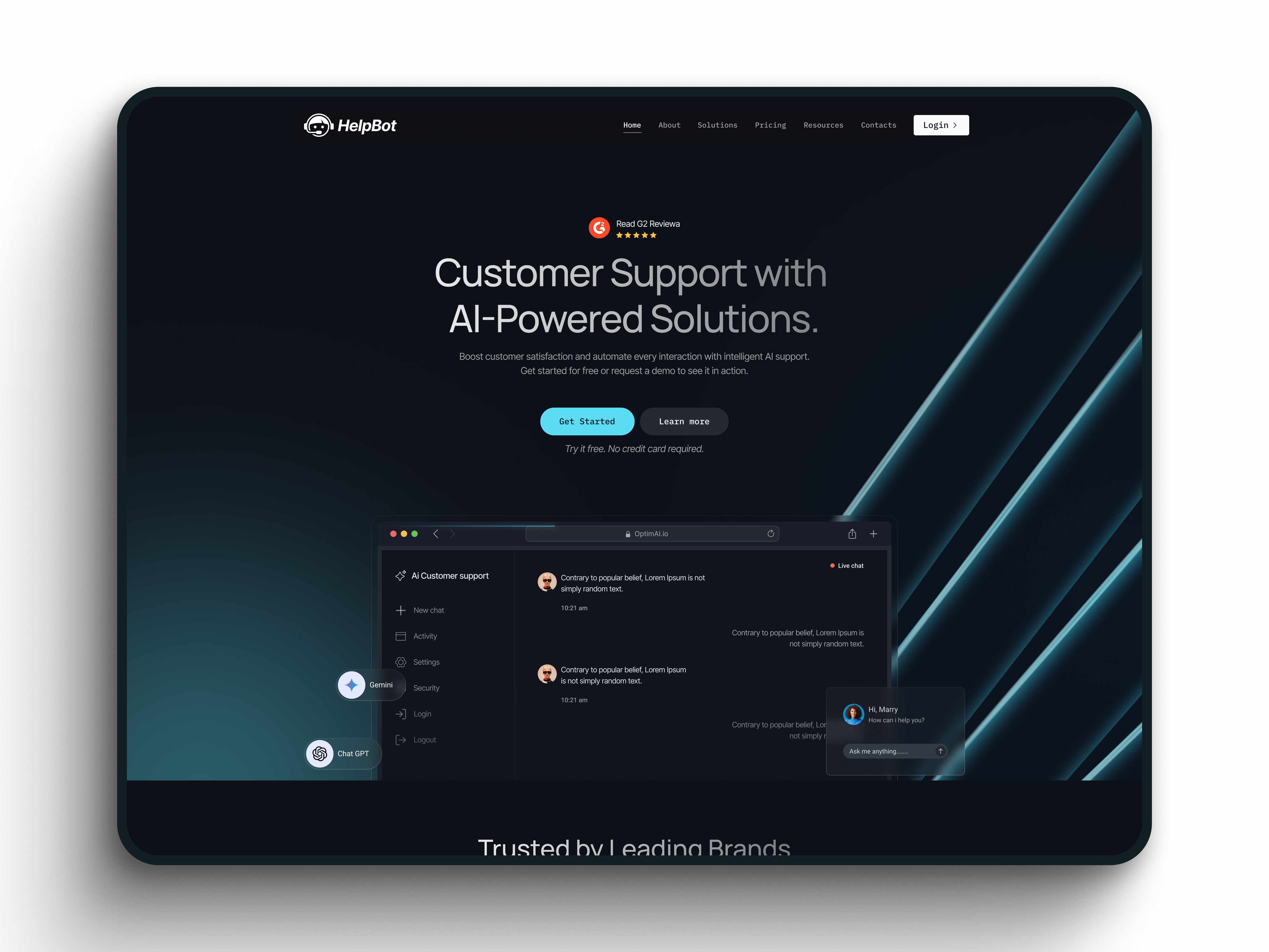 HelpBot – AI Customer Support Landing Page darkui figma landingpage productdesign saasdesign uidesign uiux webdesign