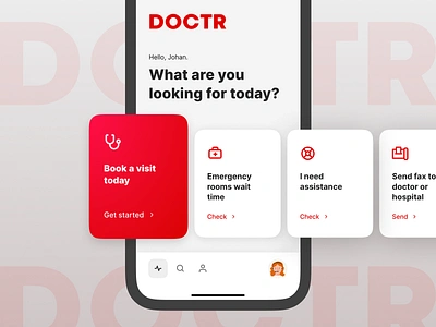 DOCTR • healthcare assistant app branding button card clean design health icon ios light like logo mobile modal popup rating red timetable ui ux