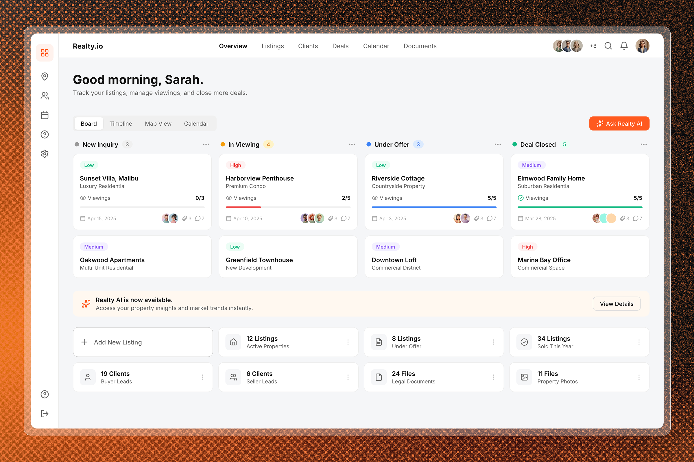 Real Estate Kanban & Analytics Dashboard ai ai tools card layout components crm dashboard data visualization kanban board listings modal neumorphism property listing property management real estate real estate ai real estate listing saas