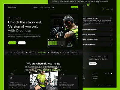 Fitness & Wellness Platform Landing Page 💪🧘 certified trainers class attendance creaness dark mode faq section fitness community fitness platform gym website hero section hiit workouts landing page membership plans personal training pilates pricing cards strength training testimonials ui wellness app yoga classes