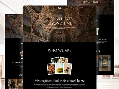Arti — Immersive Art Gallery & Museum Landing Page art gallery arti clean ui creative cultural dark mode digital art interface landing page minimalist modern ui museum museum ui portfolio serif typography storytelling ui design ux web design web ui