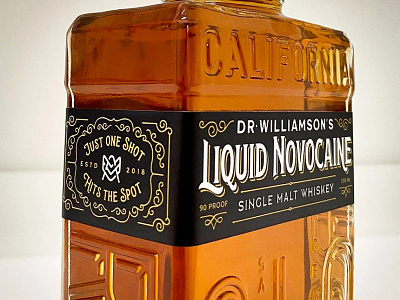 Liquid Novocaine – Alcohol Brand alcohol brand branding central coast dental dentist design identity label logo packaging san luis obispo visual identity whiskey