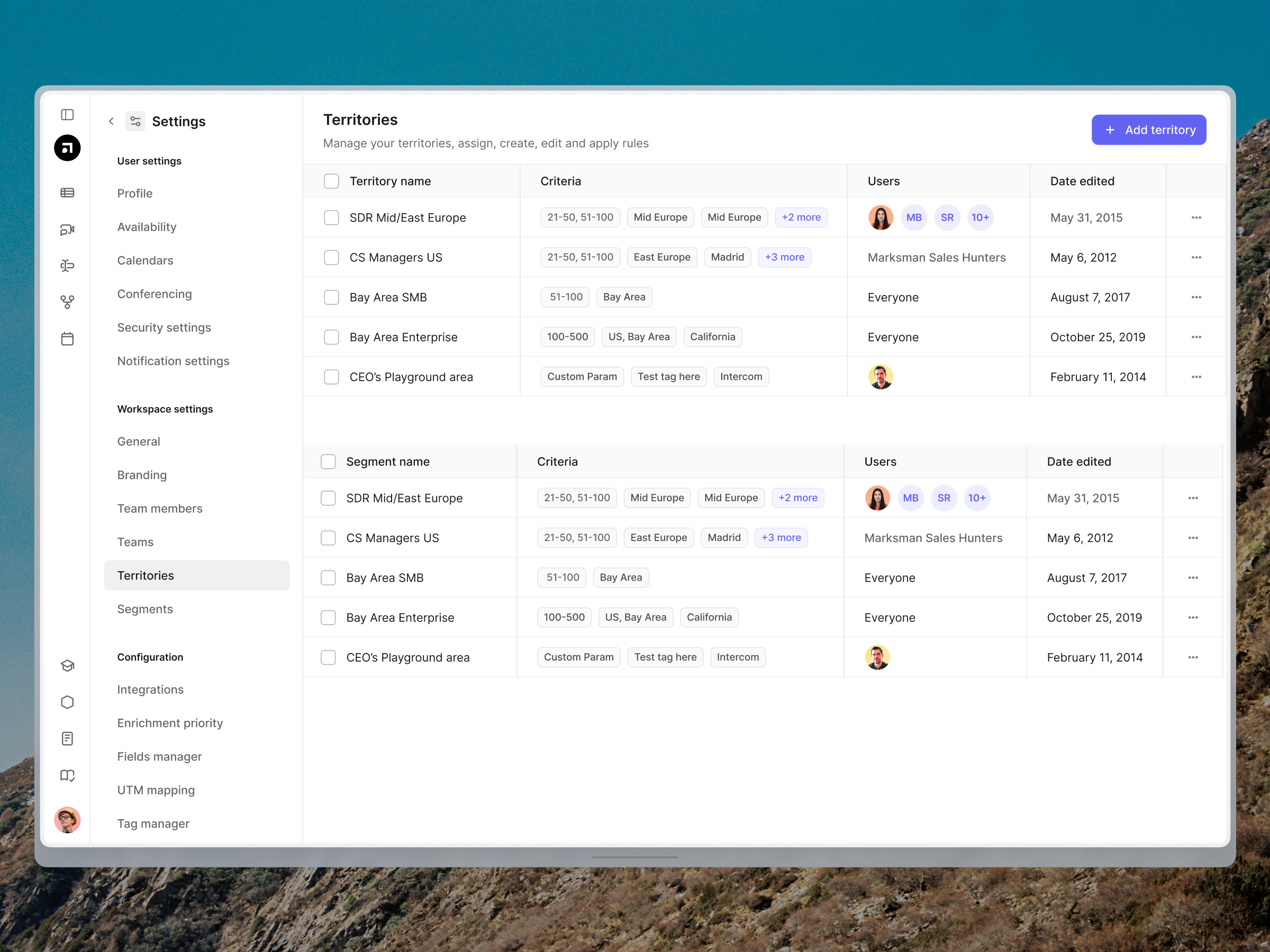 Default.com – Territories management apollo.io clay columns dashboard default.com filters group groupping navigation pagination personas platform segments settings side menu side navigation spreadsheet table territories