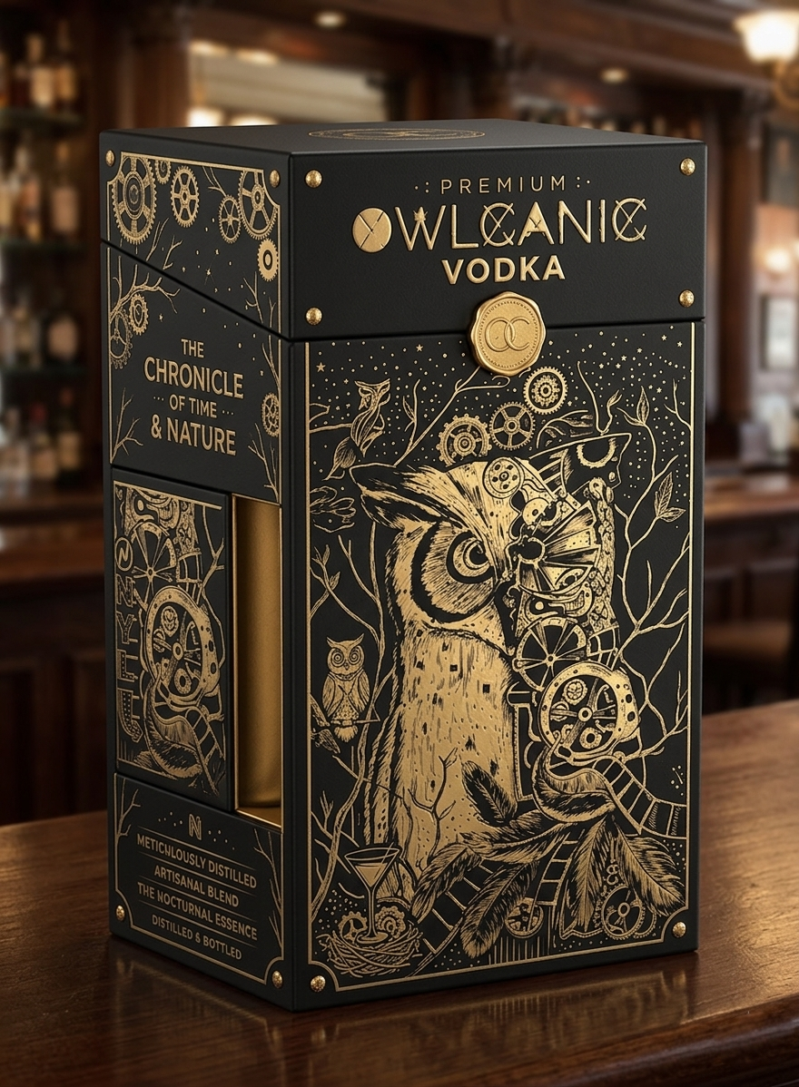 Owlcanic Vodka label Design_illustration 2d artist animation graphic design illustration label labeldesign logo packaging design vector