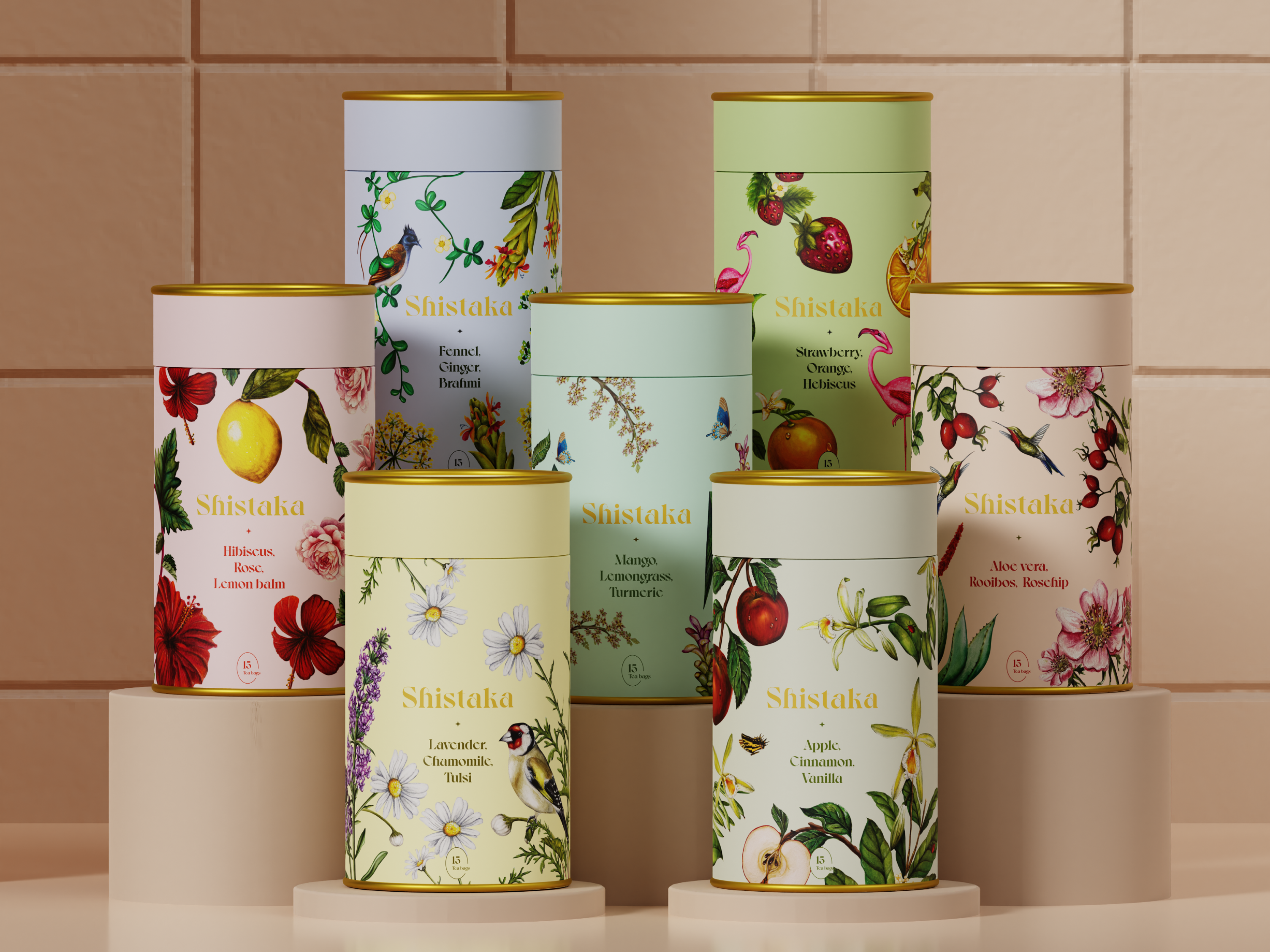 Shistaka Tea Series || 3D Product Visualization 3d 3d design 3d modeling branding herbal tea packaging luxury packaging packaging product showcase product visualization retro design tea packaging