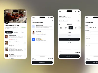 Online Booking Widget - Beauty Salon Mobile Flow appointment beauty beauty salon booking booking flow calendar form light ui mobile mobile app product design saas scheduling service time picker ui design ux design widget