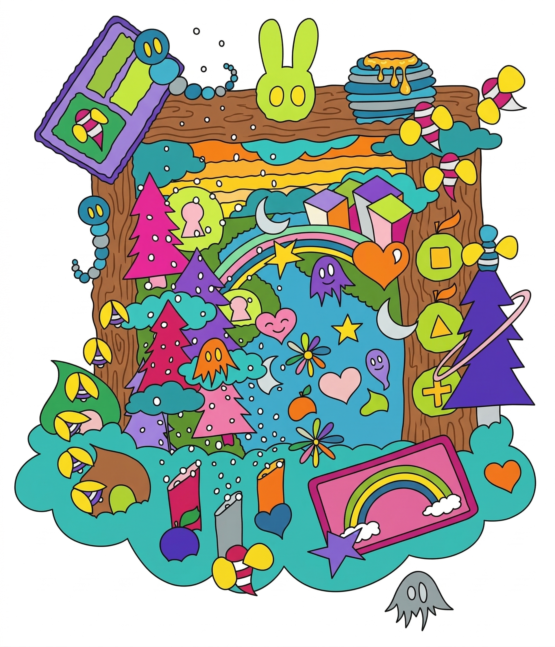Monitor: The Ecology Of Surveillance cartoon colorful cute design dreamlike flat graphic design icons illustration nostalgia psychedelic rainbow retro science fiction surrealism surveillance symbols trippy vector whimsical