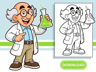 Cute Cartoon Scientist Character Illustration with Coloring Page beehaya cartoon character design cartoon scientist chemistry character coloring page cute scientist educational illustration funny scientist kids illustration lab character lab flask cartoon mascot design printable coloring school design science clipart science illustration science mascot scientist character scientist mascot vector scientist