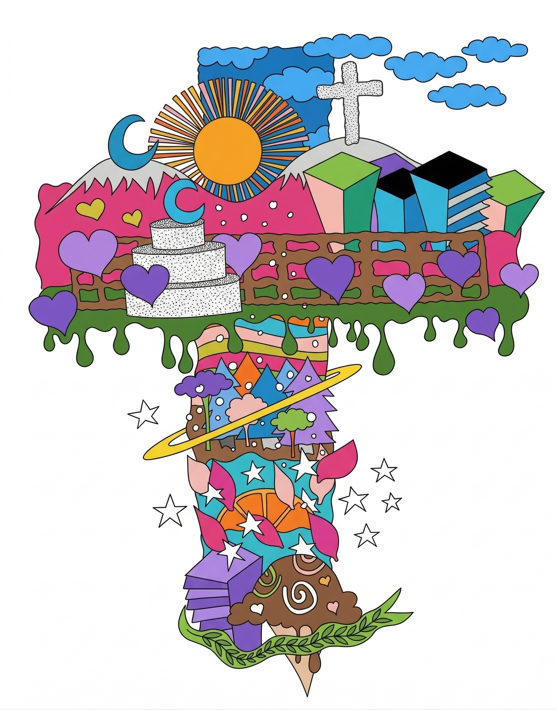 The Digital Chapel cartoon colorful cross design dreamlike graphic design icons illustration nostalgia psychedelic rainbow religion retro symbols trippy whimsical