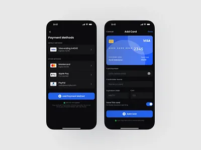 Payment UI – Add Card & Wallet (Dark Mode) appdesign cardui cleandesign creditcard darkmode dashboardui digitalwallet figmadesign fintech iosui minimalui mobileui modernui paymentapp paymentui uidesign userexperience userinterface uxdesign walletapp