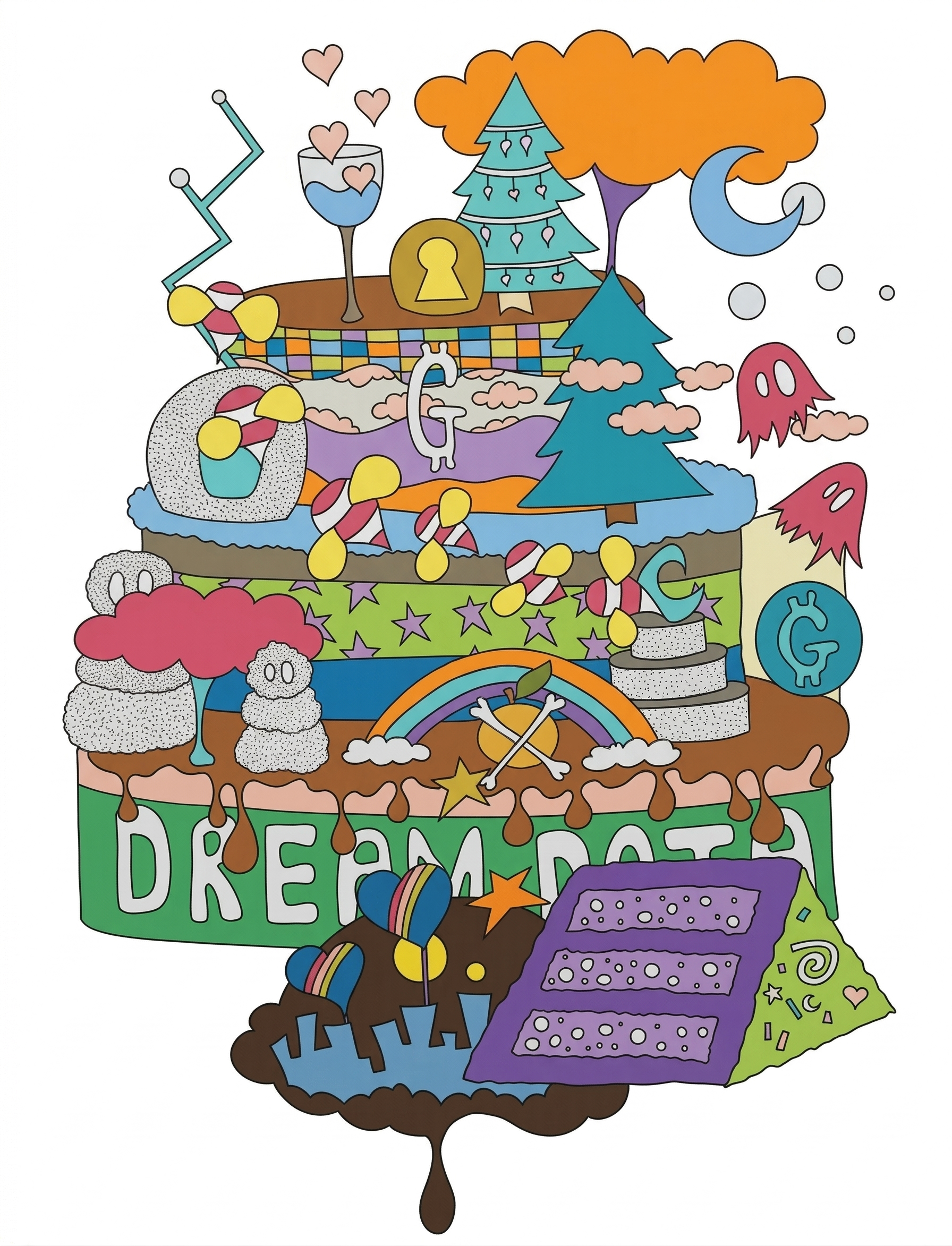 Digital Ecology Cake cartoon colorful design dreamlike flat illustration food graphic design icons illustration nostalgia pop art psychedelic rainbow surrealism symbols trippy whimsical