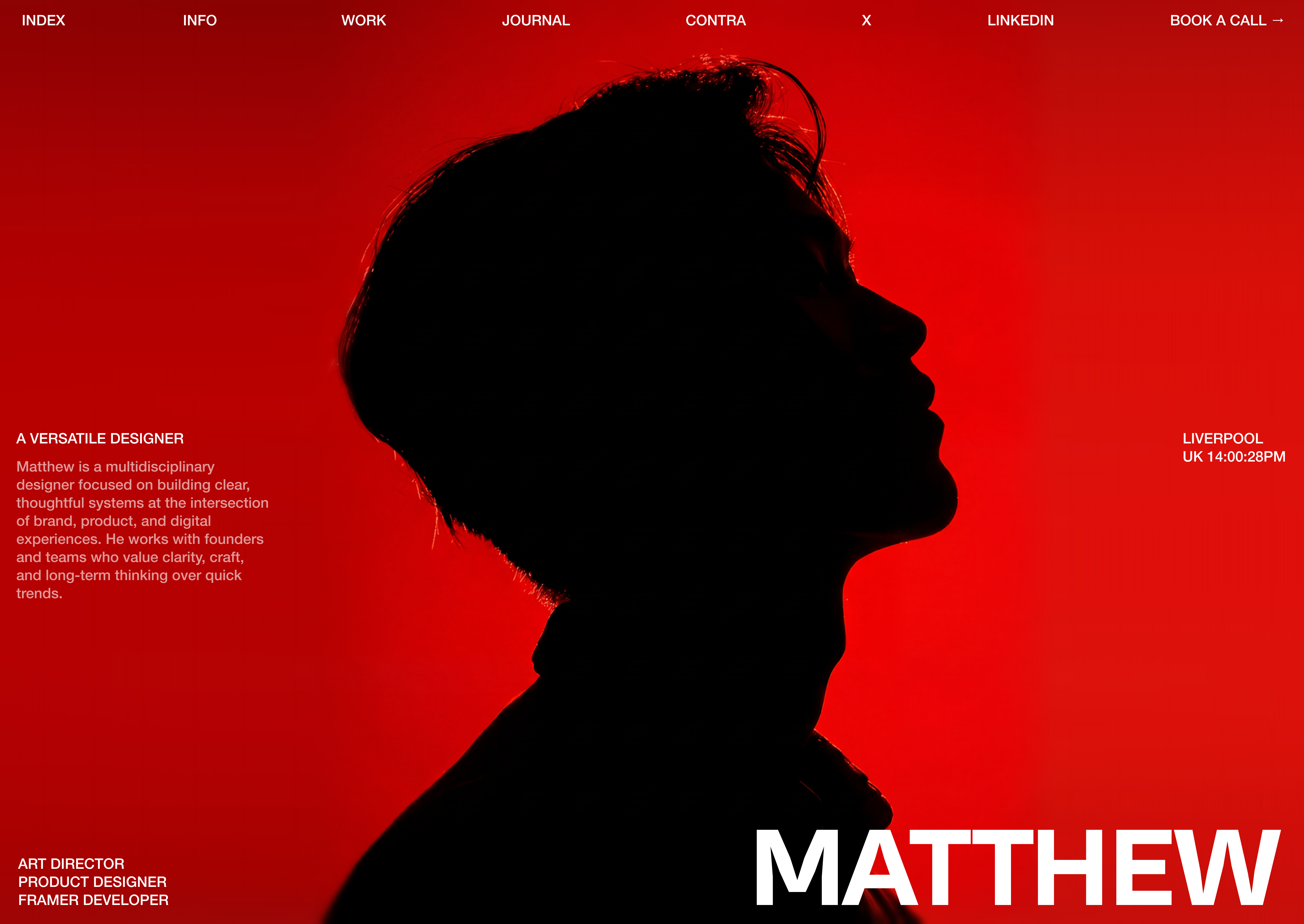 Matthew | Editorial Designer Portfolio Hero art direction bold design bold typography cinematic ui clean design designer portfolio editorial design editorial layout hero section high contrast minimal ui minimalism modern web design monochrome design personal portfolio portfolio website red aesthetic typography design visual hierarchy website hero