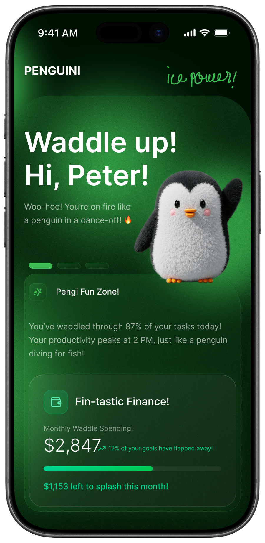 Penguini — Waddle Into Ice Power ❄️🐧 3d app design app ui character design gradient illustration interaction design mascot minimal mobile app mobile ui modern ui onboarding playful ui product design ui ui design ux ux design visual design