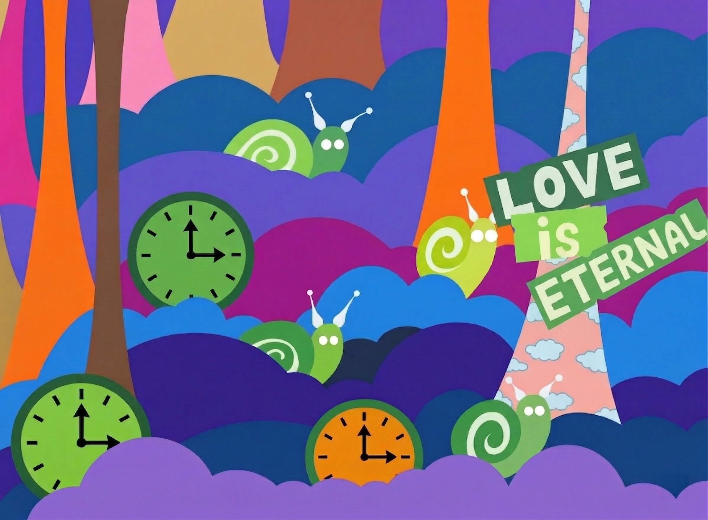 Love Is Eternal cartoon clocks colorful comic design dreamlike fantasy flat illustration graphic design illustration love nostalgia psychedelic rainbow snails trippy whimsical
