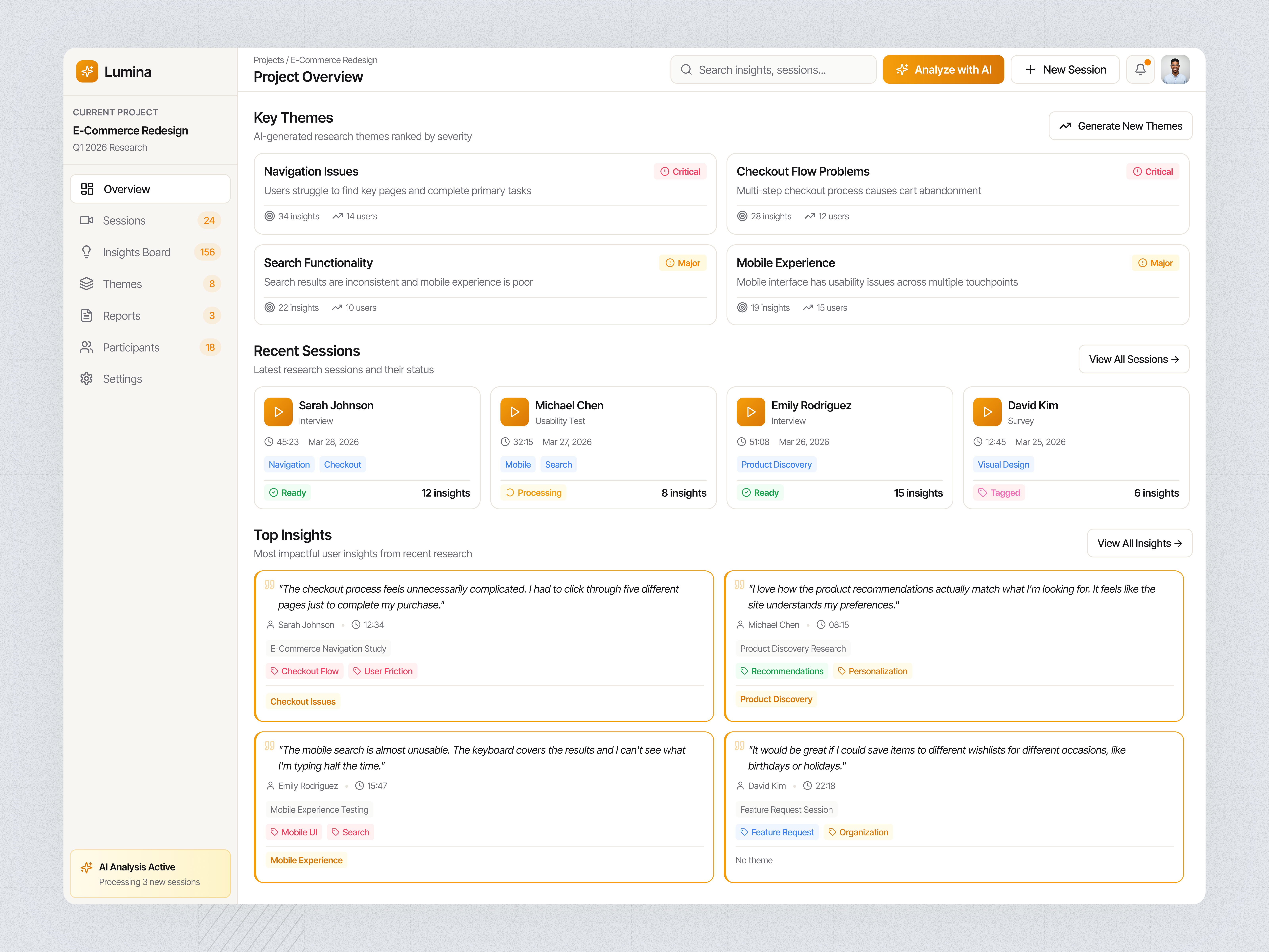 Lumina UX Research Dashboard dashboarddesign designthinking productdesign productdiscovery researchops ui usabilitytesting userinsights userresearch uxdesign uxresearch uxtools