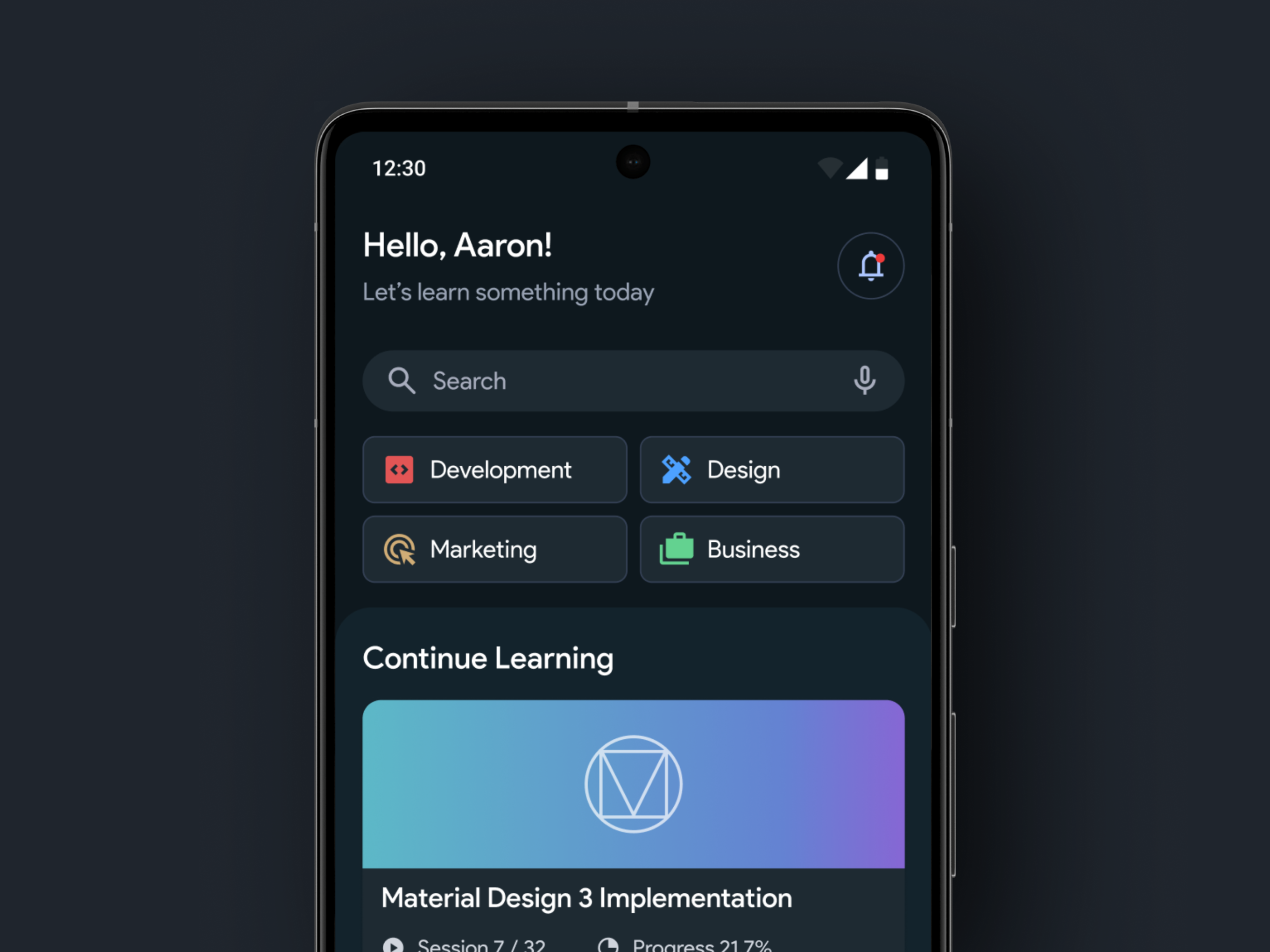 Matter Course [Dark Mode] - E-Course Mobile App Concept android app course course class design e course e learning education google learning learning app material material 3 material design mobile online course ui uiux