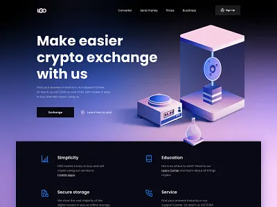 LGO crypto exchange landing page 3d 3d illustration animation blockchain crypto crypto exchange fintech fintech ui graphic design landing page minimal design modern ui motion graphics token trading platform ui ui design web design web3 website design