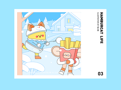 HAMBURCAT—Snowball Fight(2D) 3d blue c4d food french fries hamburger happy illustration snow snowball winter zhang 张小哈