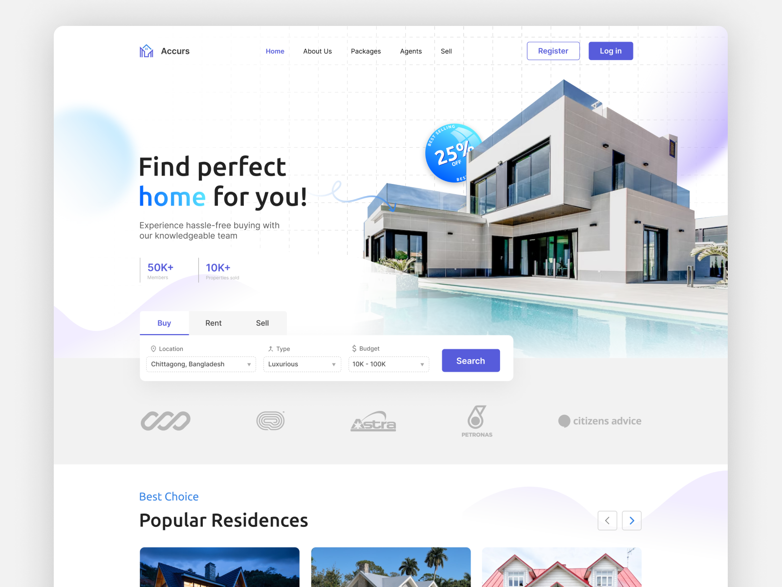 Real Estate website header UI by Sabbir Hossien on Dribbble