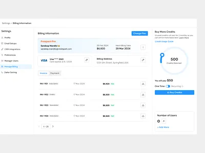 Billing & Payments UI addons billing billing management buy more change plan credits dashboard invoice lead gen mandloi minimal payment payment history plan sandeep upgrade web app web ui