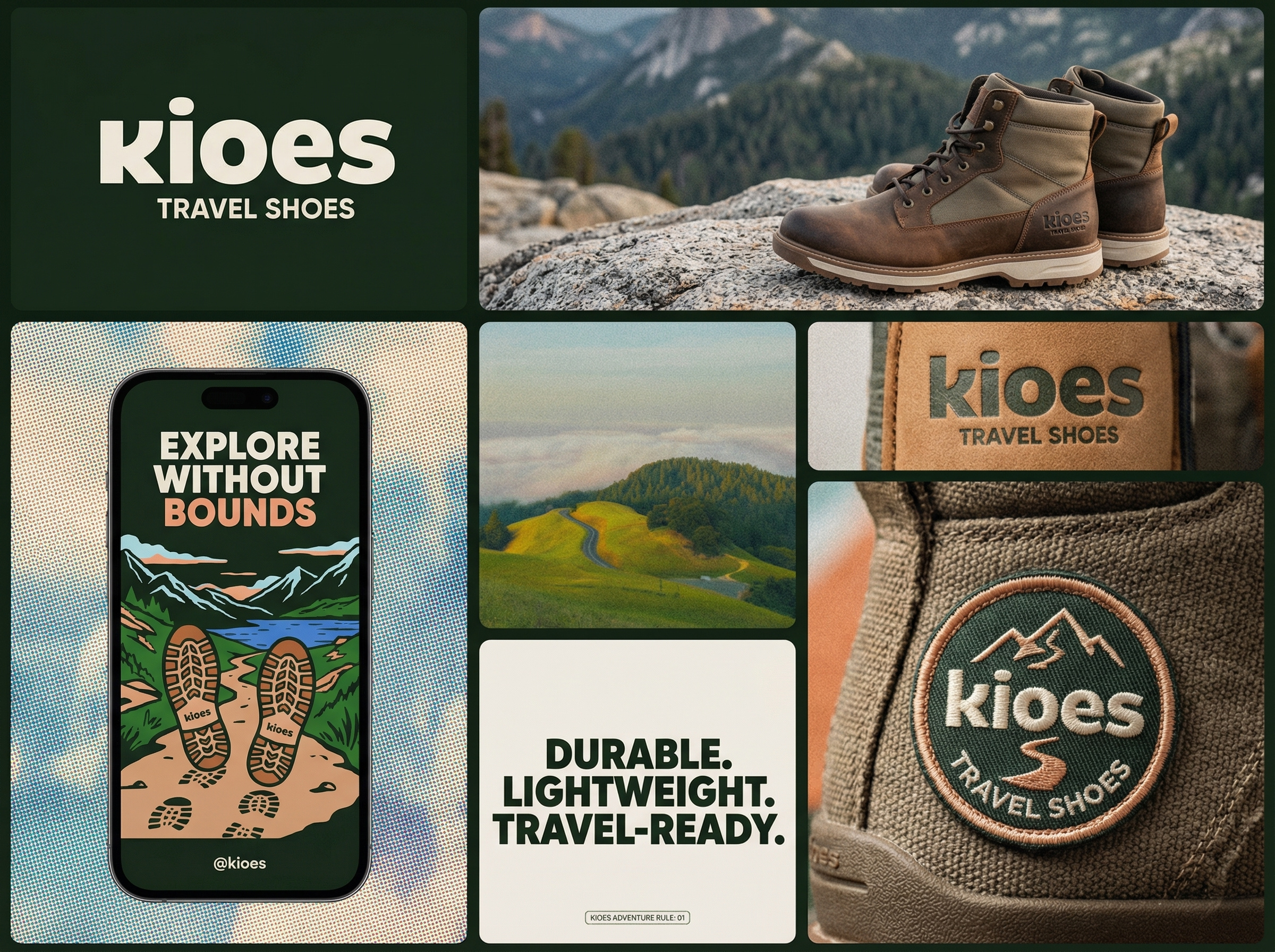 Kioes — Travel Shoes Brand Identity & Visual System adventure branding brand identity brand system creative direction e commerce brand footwear design graphic design hiking boots identity design logo design minimalist logo outdoor gear packaging design premium branding saas branding storybrand travel brand typography vector illustration visual identity