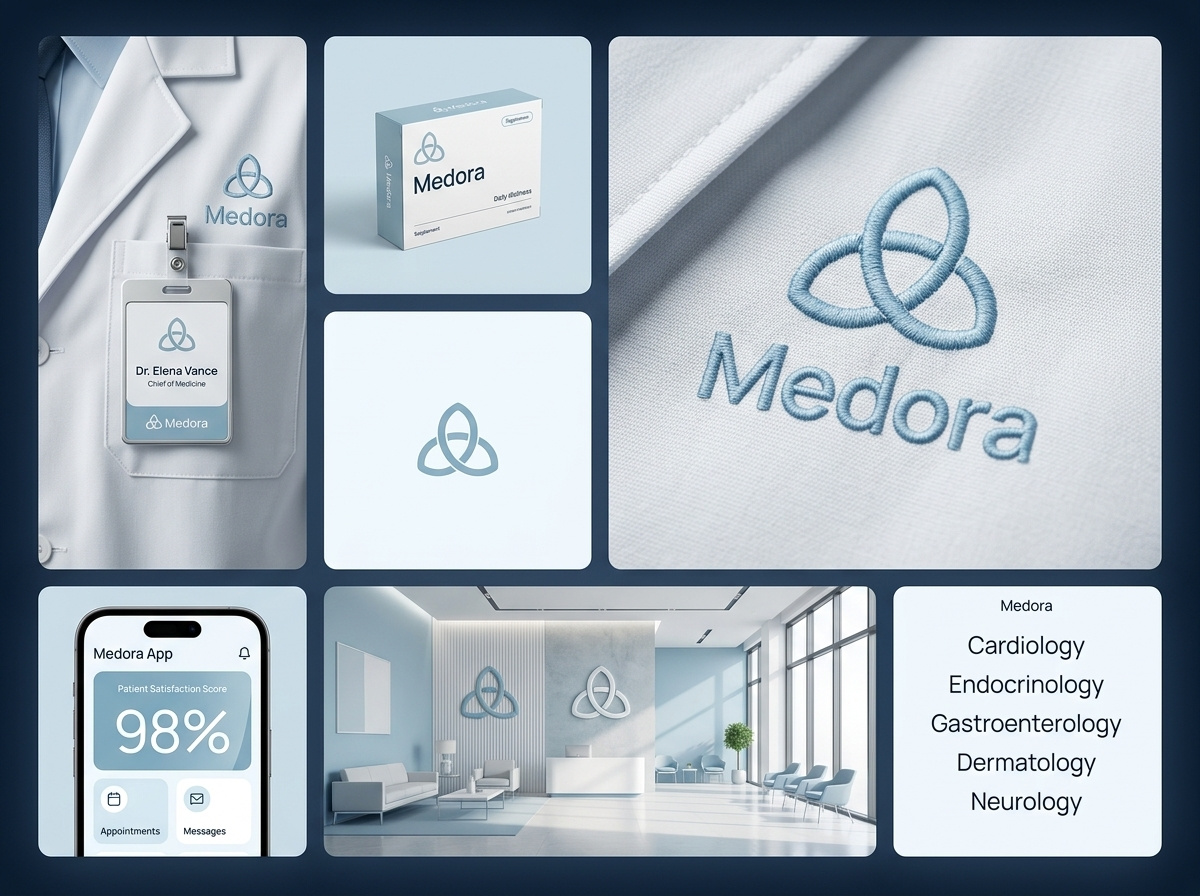 Medora — Personalizing the Future of Healthcare blue color palette clinical visual system doctor profile design health tech branding healthcare brand identity medical logo design minimalist monogram modern hospital branding pharma packaging uiux design wellness app