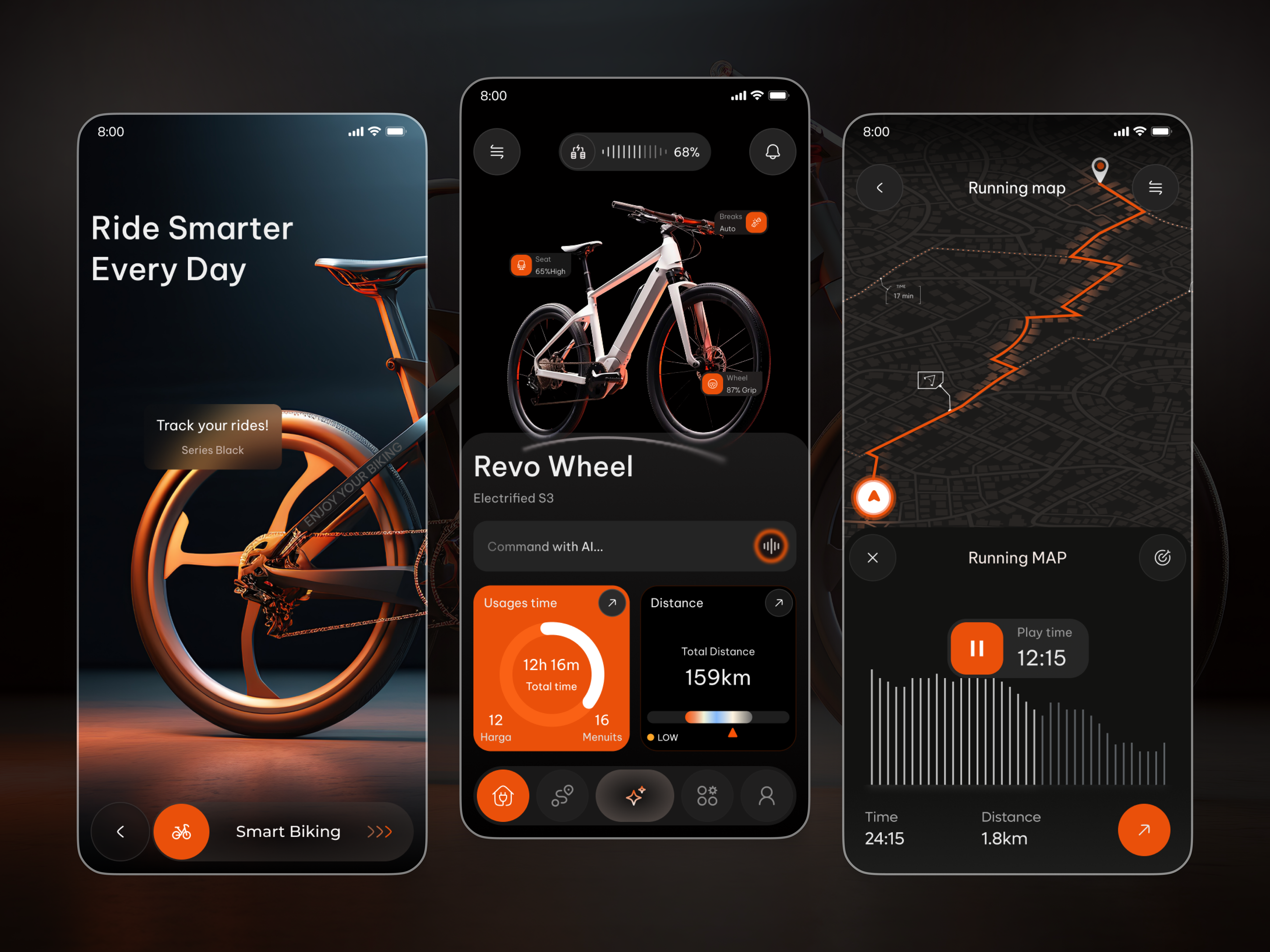 E-Bike Mobile App ai app app design b2b bike business cycling design electric interface mobile mobile app navigation product ride tracking service software ui ux