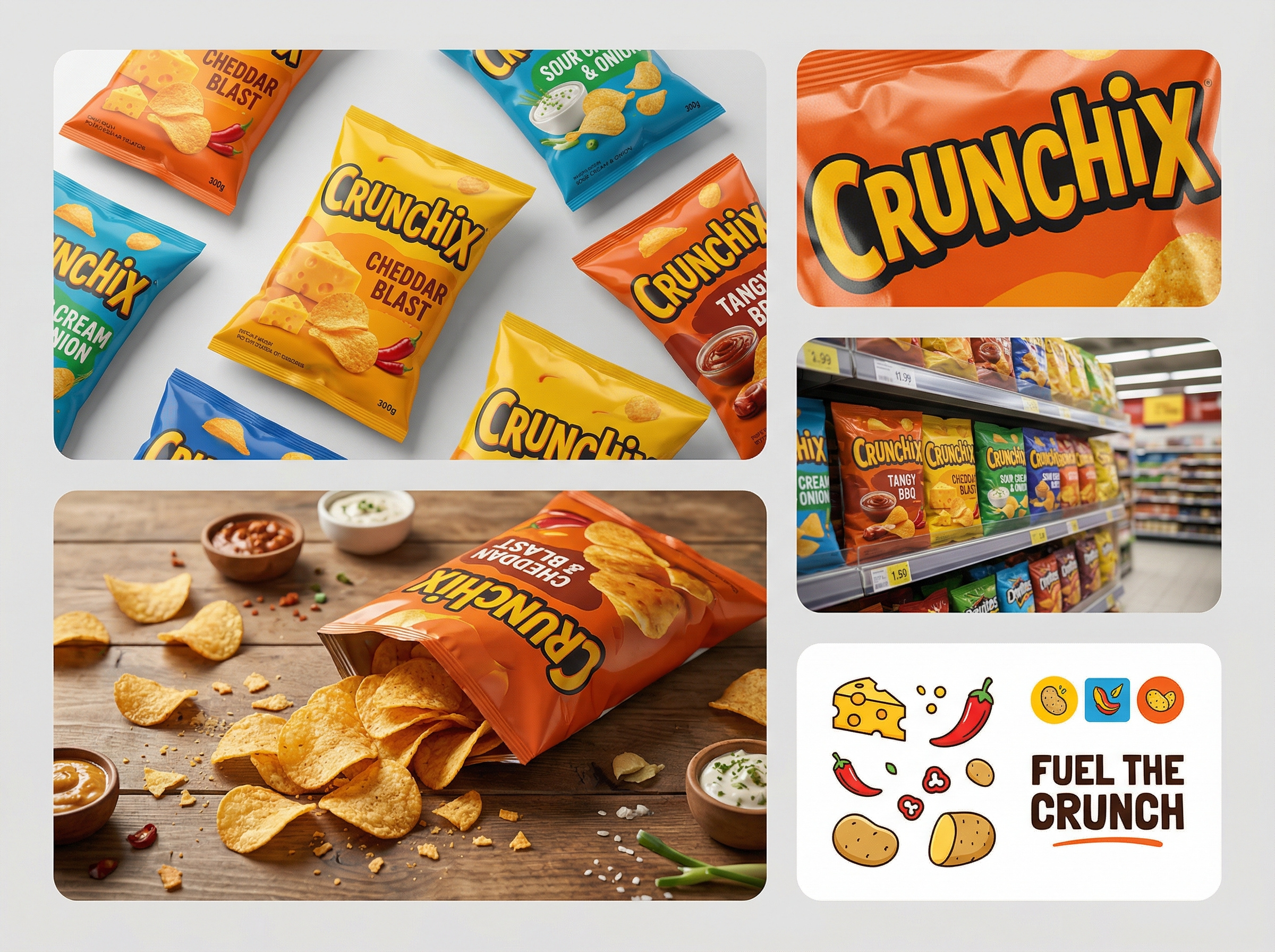 Crunchix — Bold Snack Branding & Packaging Design brand identity brand system crunchix fmcg food packaging graphic design illustration logo design packaging design retail design snack branding typography visual identity