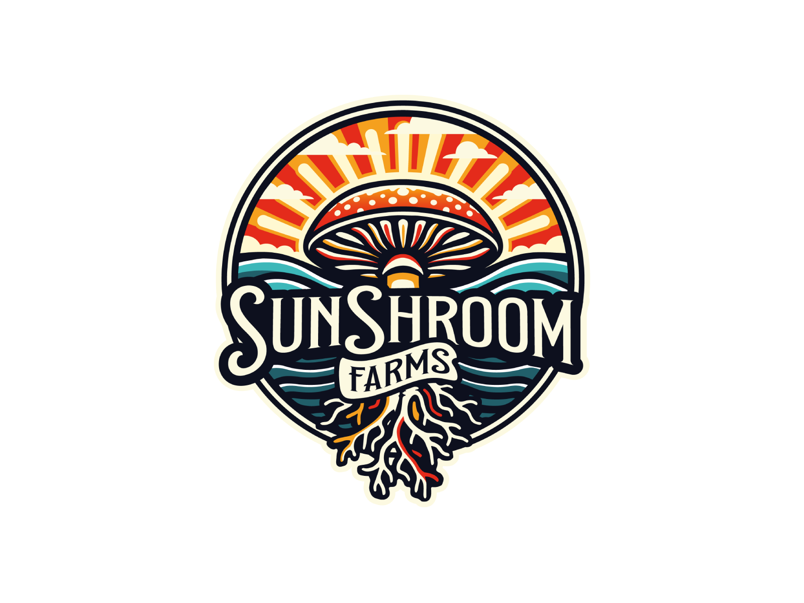 Mushroom Sunset Retro Badge Logo brand branding design farm logo graphic design illustration logo mushroom mushroom logo retro logo retro mushroom sunset logo vector