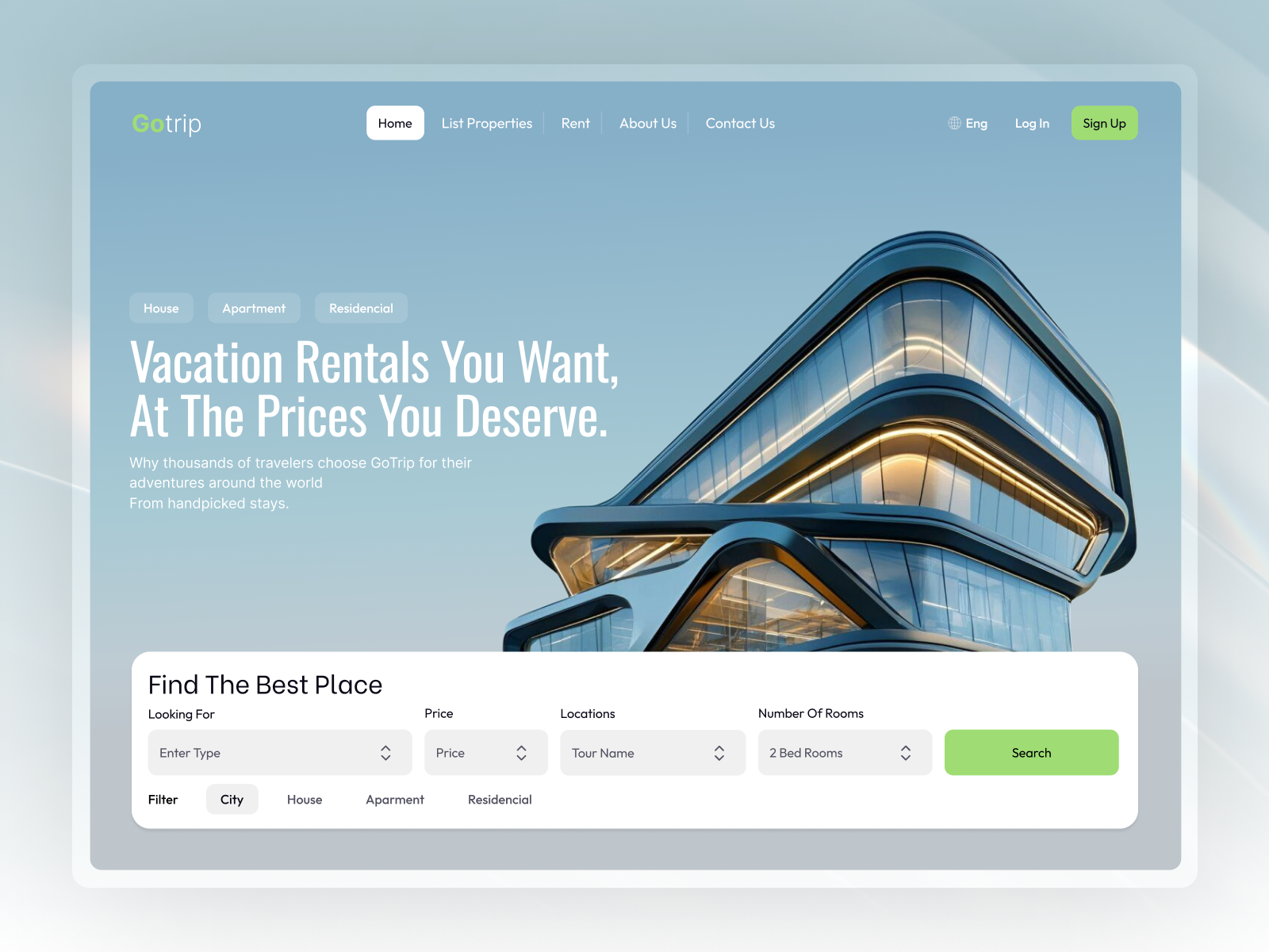 Vacation Rental Website - Homepage UI Design booking booking platform booking website home page hotel booking landing page modern ui real estate rental rental company rental website travel agency travel website travelling ui design ui ux design vacation rental web design website website design