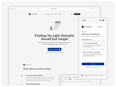 PsychMind — Landing & Onboarding Experience agency clean design system grey hero section illustration landing page med medical field onboarding psychiatrist psychology saas search engine sketch ui website