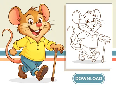 Cute Cartoon Mouse Character with Cane Vector Illustration animal beehaya cartoon character colorful coloring page cute digital illustration for kids illustration mascot mouse stock illustration vector