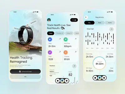 Smart Ring App — Health Tracking Mobile UI app design fitness app health tracking healthapp healthui heartratemonitor mobile app product ring app saas sleeptracking smart ring smartdevice smartring startup ui wearabletech web wellnessapp